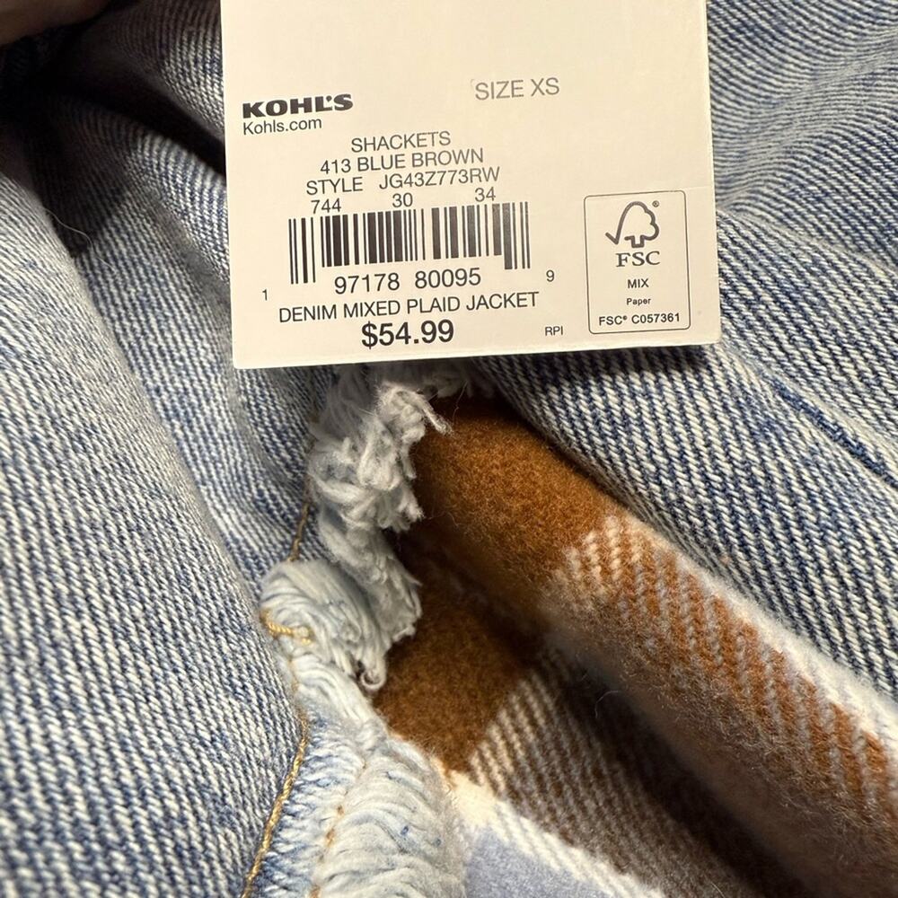 NEW SO® Denim & Plaid Mixed Media Jacket - Blue/Brown XS but fits larger - Picture 5 of 5